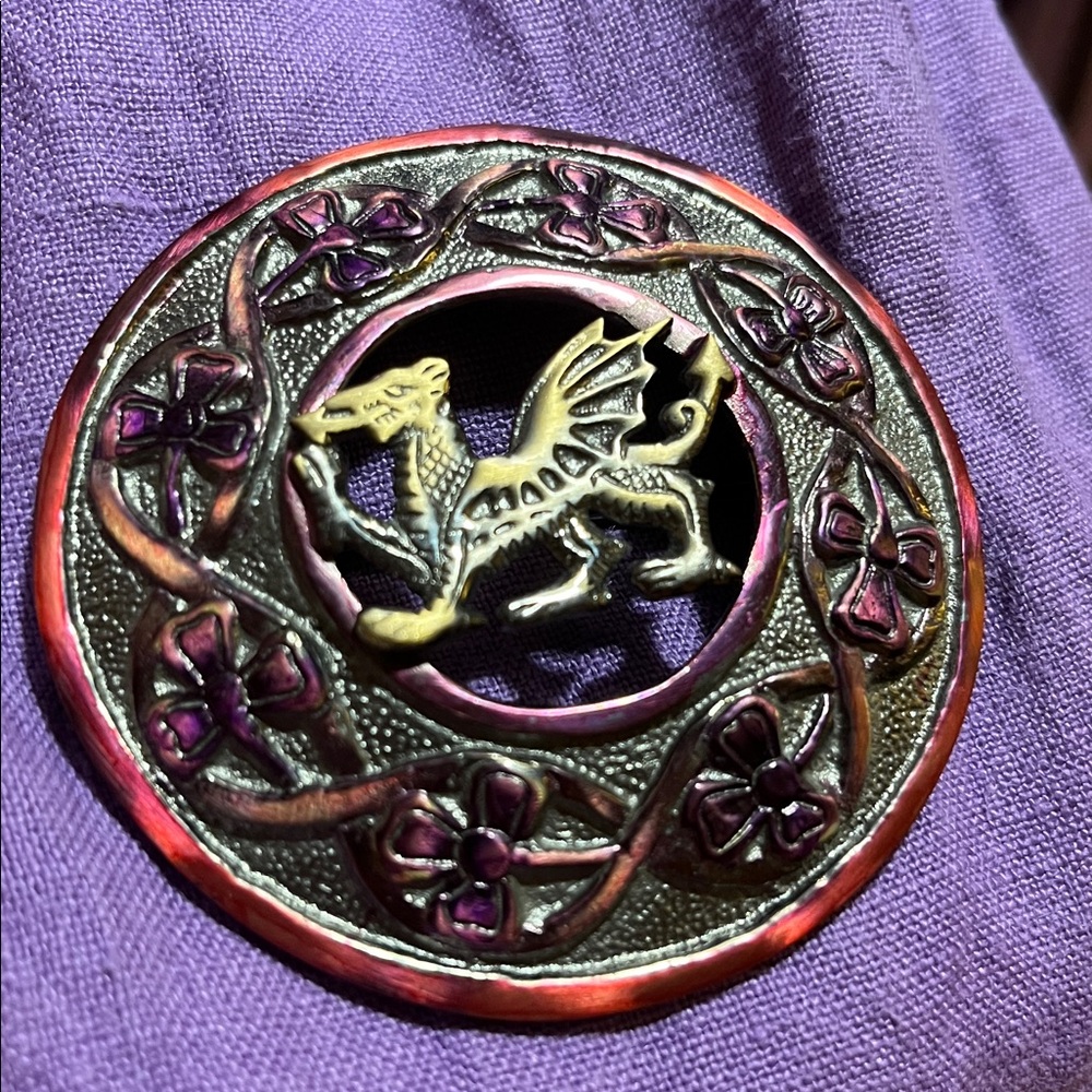 CELTIC DRAGON CLOAK CLASP FIBULA MEDIEVAL RENAISSANCE WELSH PUNK PURPLE GARB SCA